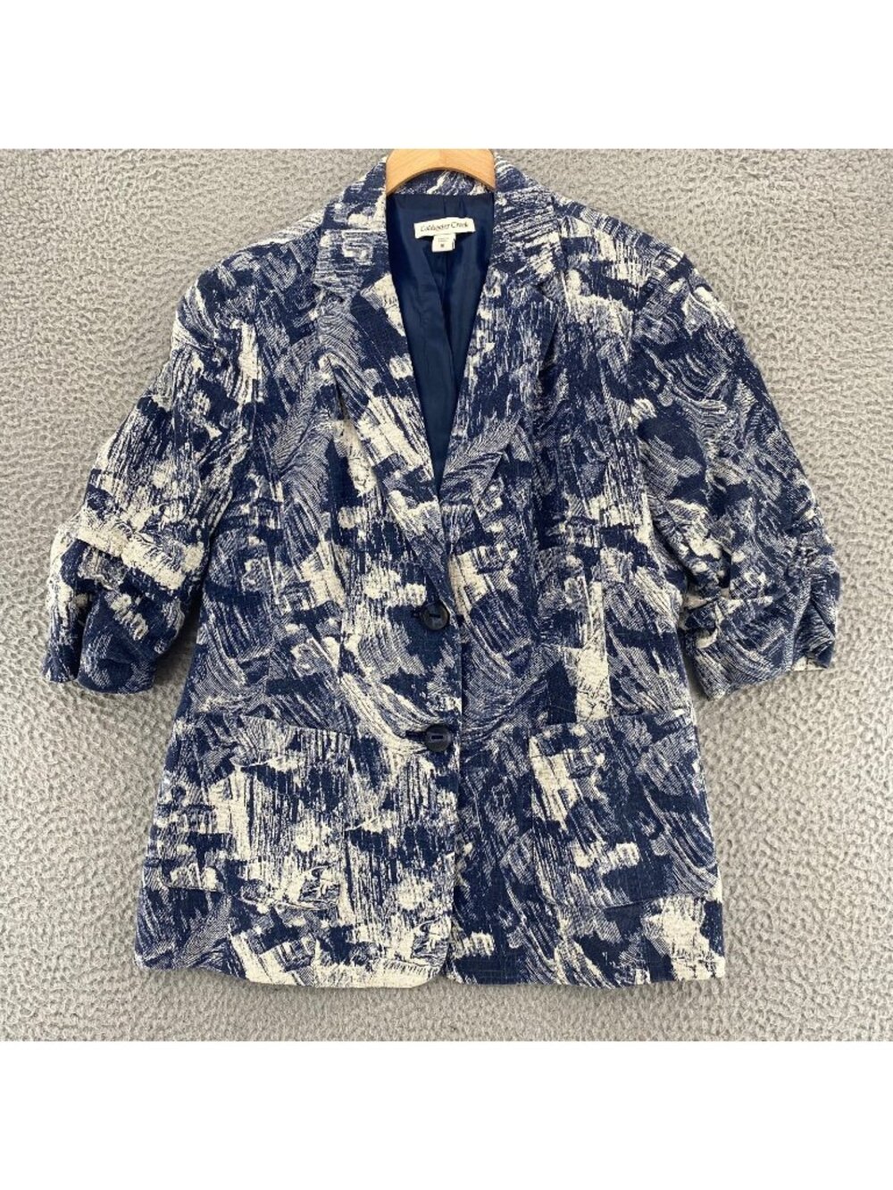 Coldwater Creek Blazer Womens 10 Navy Abstract Linen Blend Button Up 1/2 Sleeve
